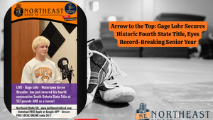 Wrestler Gage Lohr interviewed live on Northeast Radio SD after winning his fourth state title. Text highlights his future goals.