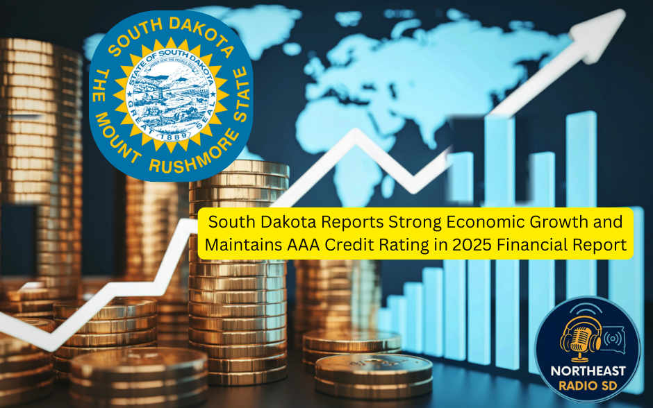 South Dakota seal over stacked coins and upward graph. Text: "South Dakota reports strong economic growth and maintains AAA credit rating in 2025." Northeast Radio SD logo.