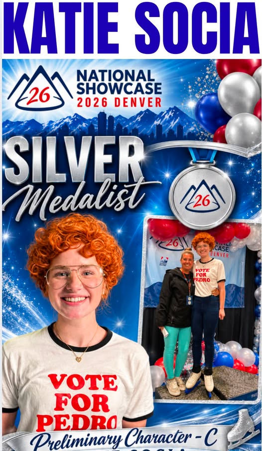 Poster of smiling red-haired person in a Vote for Pedro shirt, labeled Silver Medalist at National Showcase 2026 Denver, with balloons.