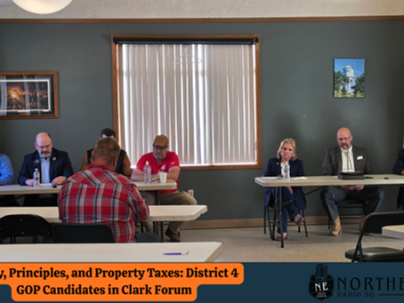 Five people sit at tables in a forum setting. One person speaks. Flags and framed pictures decorate the green wall. Text reads: "Policy, Principles, and Property Taxes: District 4 GOP Candidates in Clark Forum."