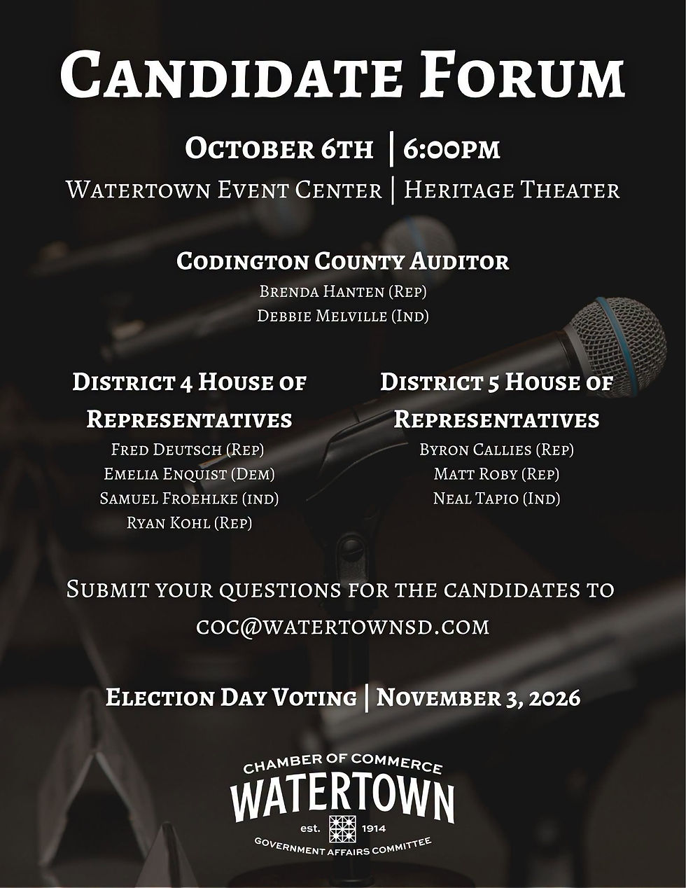 Candidate Forum poster with microphones, listing Oct. 6, 6:00 PM at Watertown Event Center and Heritage Theater.