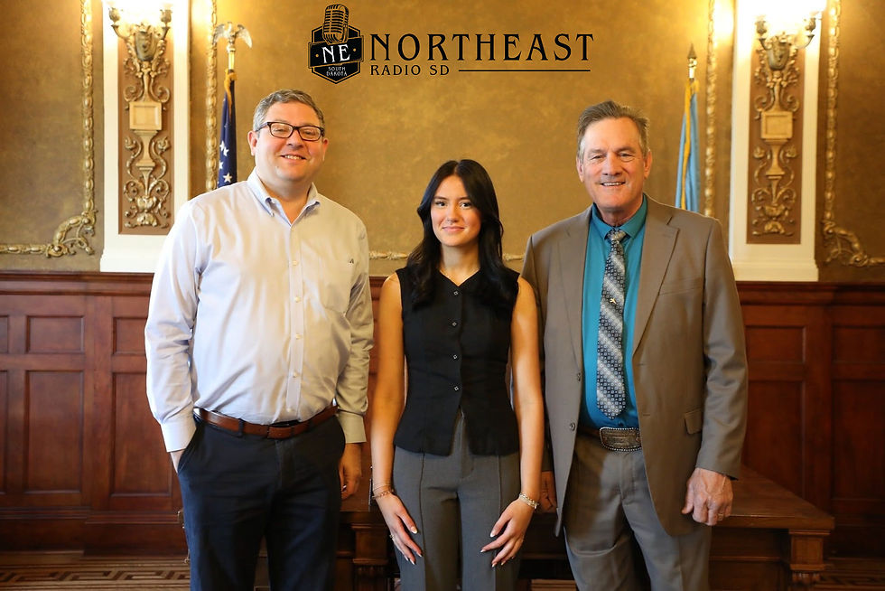 Three people posing in an ornate room beneath a Northeast Radio SD logo, smiling in business attire.