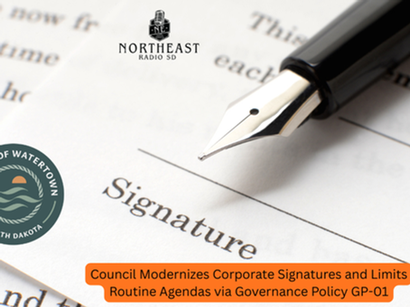 Fountain pen on paper with "Signature" text, City of Watertown logo, Northeast Radio SD logo. Orange text bar highlights governance policy update.