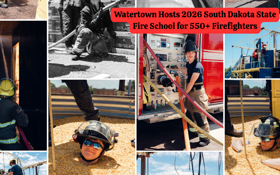 Firefighters train with hoses and rescue gear in a collage; red banner reads Watertown Hosts 2026 South Dakota State Fire School