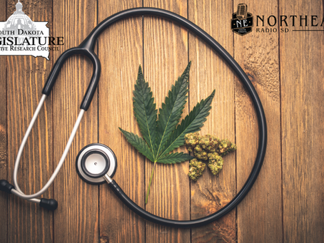Stethoscope circles a cannabis leaf and buds on a wood table, with South Dakota Legislature and Northeast Radio SD logos.