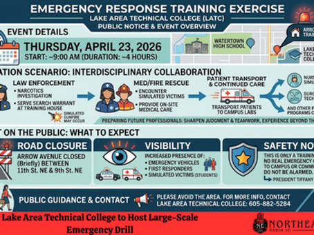 Emergency training exercise flyer for April 23, 2026, at Lake Area Technical College. Details include road closures, safety notes, and event schedule.