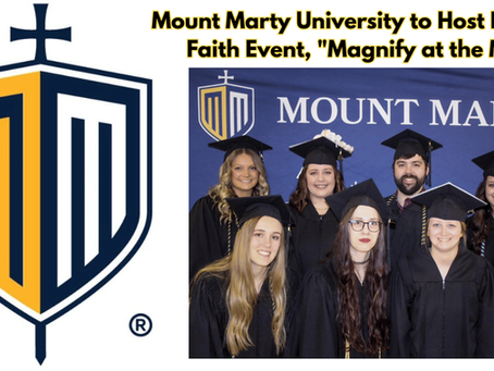 Graduates in caps and gowns smile before a Mount Marty University backdrop. Text: "Mount Marty to Host Free Youth Faith Event." University logo and radio badge visible.