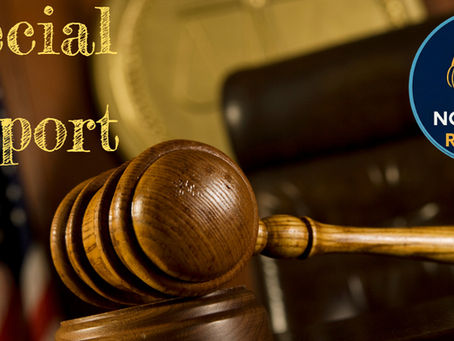 Gavel in courtroom with blurred U.S. flag, Special Report text, and Northeast Radio SD logo.