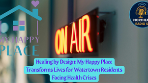 ON AIR sign glows in studio. "My Happy Place" logo with heart and house present. Text: "Healing by Design" promo for Northeast Radio SD.