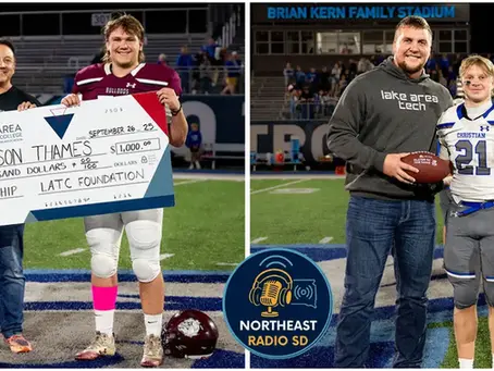 Two images: Left, a student holding a scholarship check on a football field. Right, two people on a field, one in uniform. Stadium in the background.