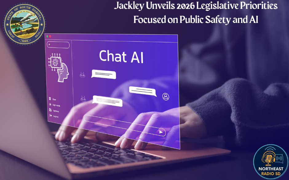 Hands typing on a laptop with a holographic "Chat AI" interface. Text above reads: "Jackley Unveils 2026 Legislative Priorities."