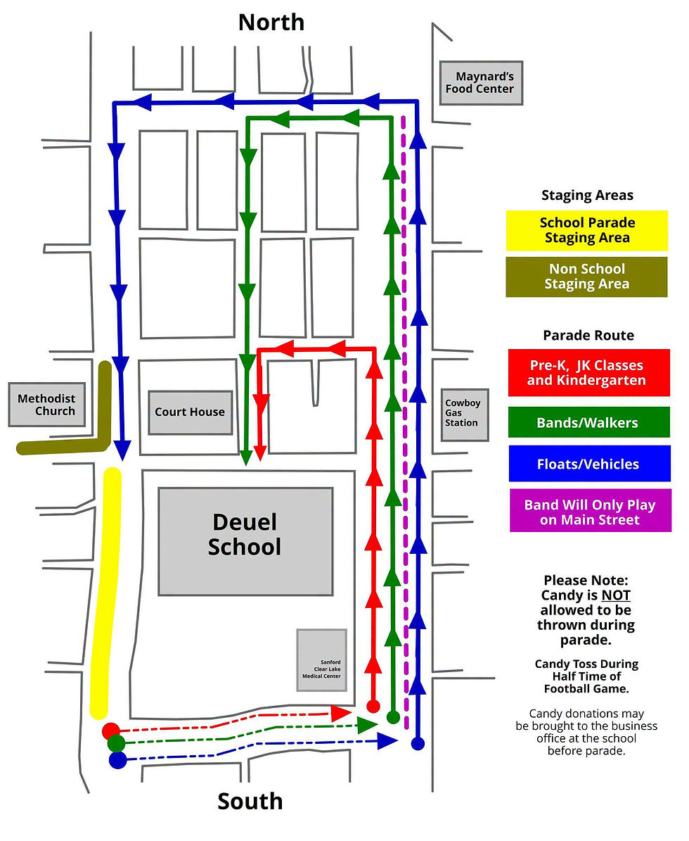 Color-coded parade route map around Deuel School with North/South labels, staging areas, and notes about candy toss rules.