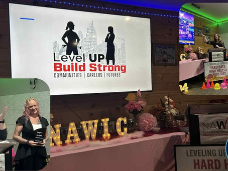 NAWIC event with awards, pink decorations, "Level Up Build Strong" screen, and women speaking. Banner reads "Leveling Up Together: Hard Hats."