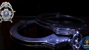 Close-up of silver handcuffs on a dark surface. Hamlin County Sheriff's badge and Northeast Radio SD logo visible. Serious mood.