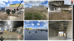 Six-panel collage of a commercial construction site with cranes, unfinished interiors, muddy ground, and TEGRA/Northeast Radio SD logos.