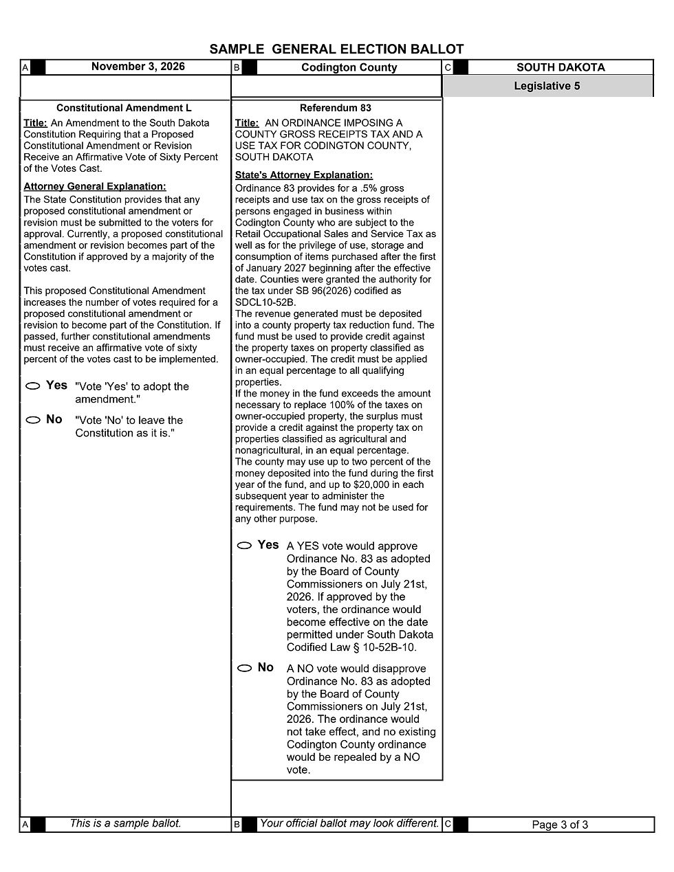 Sample General Election Ballot page for South Dakota, Codington County, with Constitutional Amendment L and Referendum 83 yes/no options.