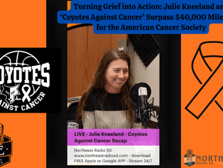 Julie Kneeland smiles at a mic for Northeast Radio SD. Text highlights '$40,000 milestone' for Coyotes Against Cancer. Orange and black theme.