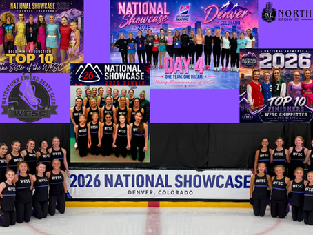 WFSC figure skaters pose on ice beneath a 2026 National Showcase banner, with team photos and event logos above.