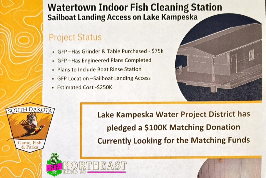 Poster for Watertown Indoor Fish Cleaning Station at Lake Kampeska, with project status bullets, dock illustration, and donation message.