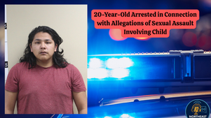 A mugshot of a young person in a red shirt beside a flashing police light. Text: 20-Year-Old Arrested for Allegations of Sexual Assault.