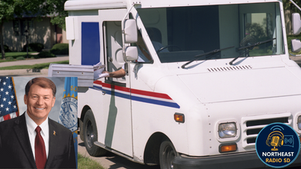 A postal truck with an arm reaching out holds mail, set on a sunny street. An inset shows a smiling man near flags. Northeast Radio SD logo.