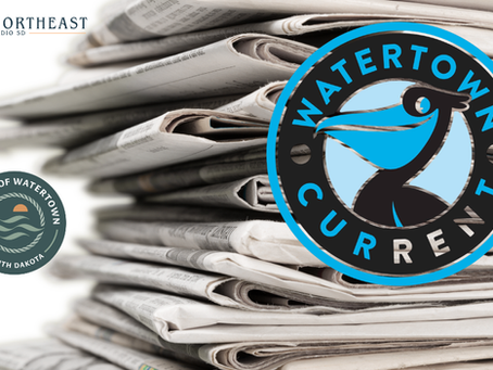Stack of folded newspapers with Northeast Radio SD, City of Watertown South Dakota, and Watertown Current logos.