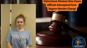Mugshot of a woman in a blue "Minnesota" shirt, next to an image of a gavel. Text: "Watertown Woman Now Faces Official Attempted First-Degree Murder Charge."