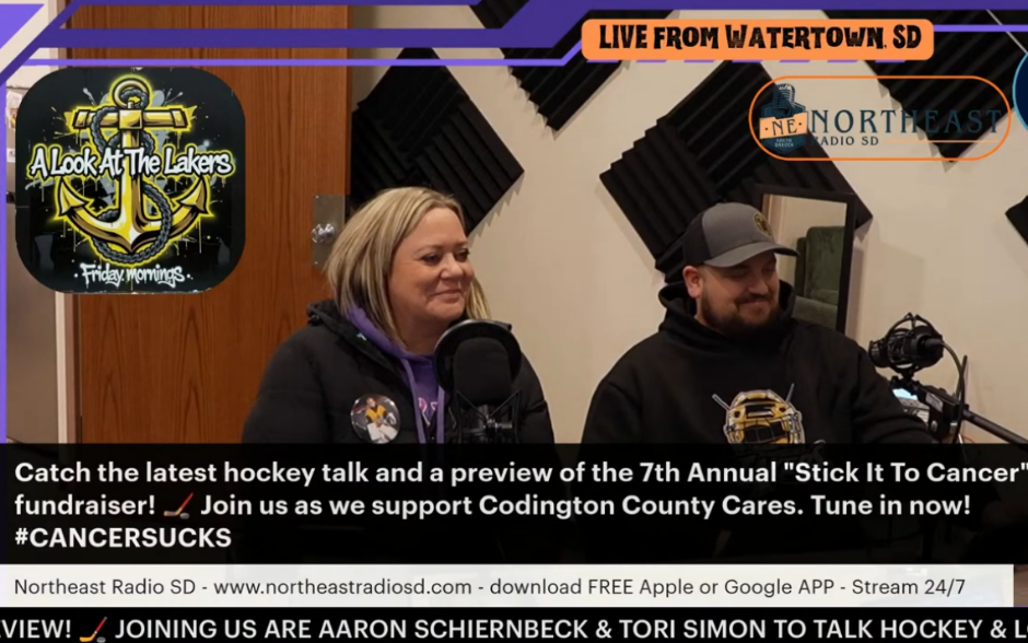 Two people are speaking in a radio studio with soundproof walls. Text promotes a hockey talk show and cancer fundraiser. #CANCERSUCKS
