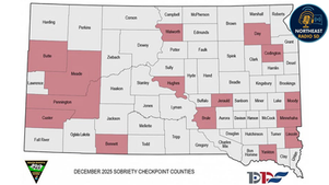 Map of South Dakota highlights counties with December 2025 sobriety checkpoints in pink. "South Dakota Highway Patrol" text and logos visible.