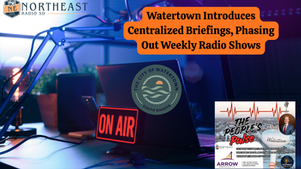 Radio studio with "ON AIR" sign, microphone, laptop. Text reads "Watertown Introduces Centralized Briefings." City and show logos visible.