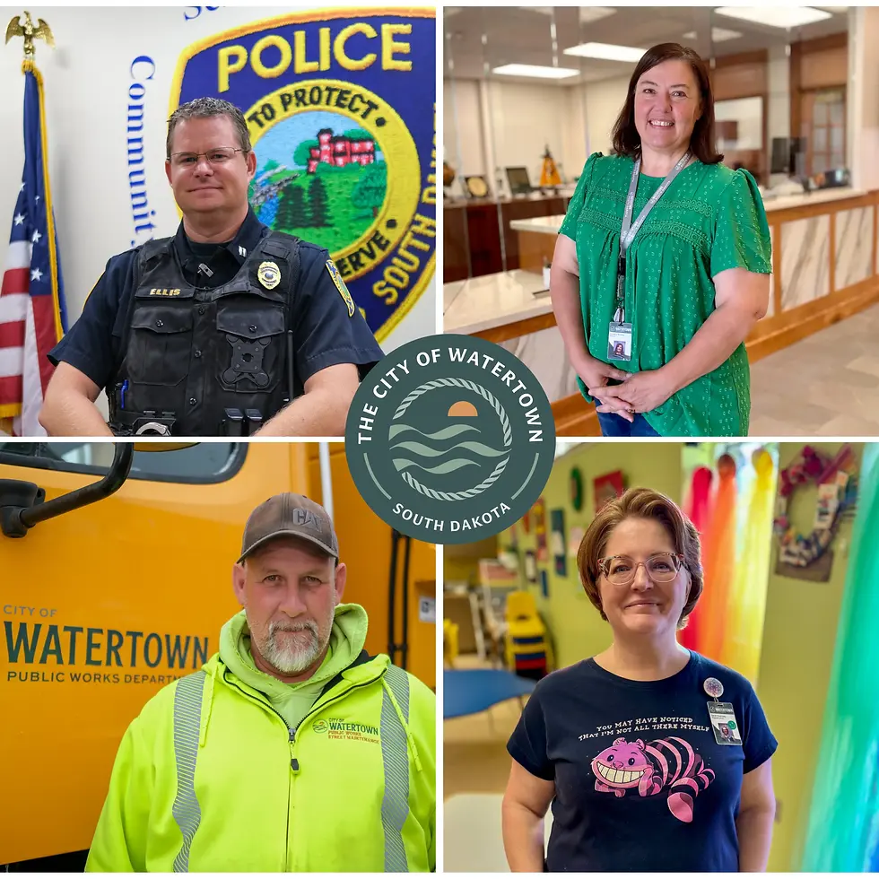 Four people are pictured in their respective workplaces, representing Watertown, South Dakota. The city logo is in the center.