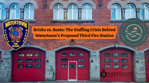 Red brick fire station with red garage doors. Badges, logos, and text about Watertown’s fire station staffing crisis overlay the image.