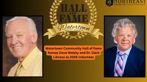 Watertown Hall of Fame graphic with portraits of Dave Wolsky and Dr. Clark Likness, 2026 inductees, Northeast Radio SD logo