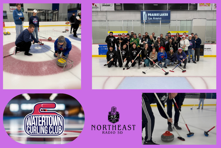 Collage of people curling on ice at Prairie Lakes Ice Arena, with group photo and Watertown Curling Club/Northeast Radio SD logos.