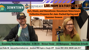 Two people sit with microphones, smiling in a radio studio. Text: Downtown Watertown, Art, Music, and Marathons event ad.