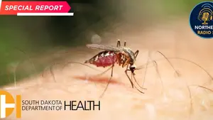 Close-up of a mosquito on skin, with logos of South Dakota Department of Health and Northeast Radio SD. Text reads "Special Report."