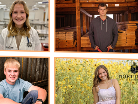 Collage of four smiling teens: a girl in a lab coat, a boy in a wood shed, a boy by a fence, and a girl in sunflowers with NORTHEAST RADIO SD