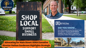 SHOP LOCAL sign on grass. Inset of a smiling man. “Advocating for Main Street” banner below. South Dakota Retailers info panel to the right.