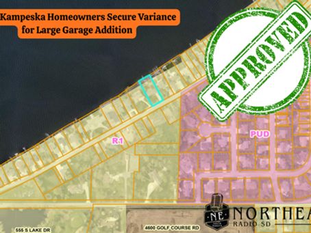 Map of Lake Kampeska area with orange property lines. Text: "Lake Kampeska Homeowners Secure Variance..." Large green stamp: "APPROVED."
