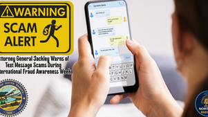 Person texting on phone, yellow "SCAM ALERT" sign, and text warning about message scams during International Fraud Awareness Week.