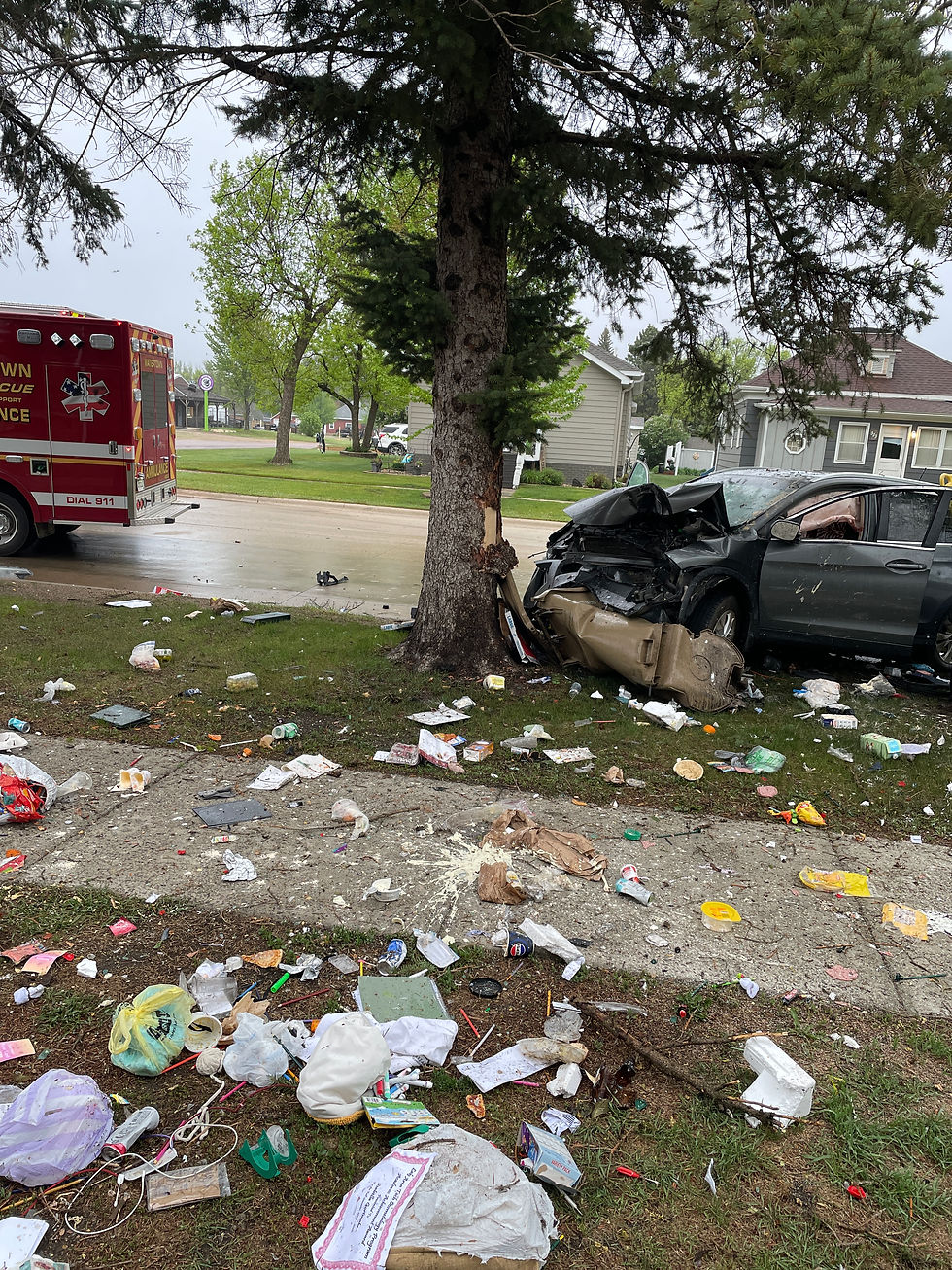 A crashed car against a tree with debris scattered on grass and sidewalk. A red ambulance parked nearby. Overcast sky and houses in the background.
