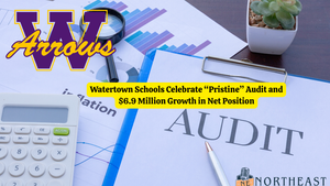 Clipboard with "AUDIT" text, charts, calculator, and plant. "W Arrows" logo. Text highlights $6.9M growth for Watertown Schools.
