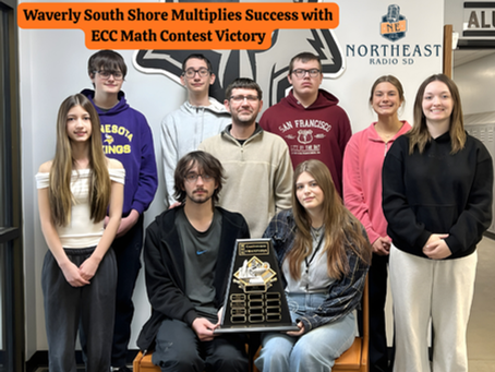 A group of young adults poses with a math contest trophy. Background includes lockers and a Northeast Radio SD logo. Text: Waverly South Shore Math Victory.