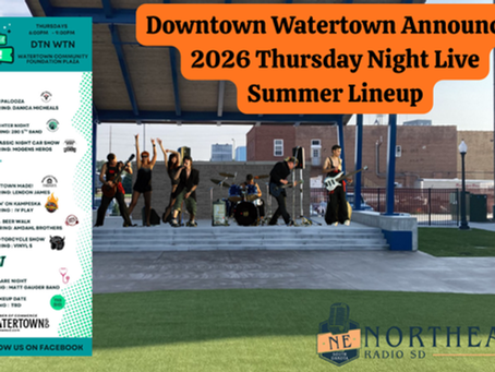 Band performing on an outdoor stage. Text: Downtown Watertown announces 2026 Thursday Night Live lineup. Includes music events schedule.
