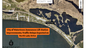 Aerial map highlighting North Lake Dr, SD. Text: "City of Watertown Announces Lift Station Improvements; Traffic Delays Expected on North Lake Drive."