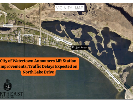 Aerial map highlighting North Lake Dr, SD. Text: "City of Watertown Announces Lift Station Improvements; Traffic Delays Expected on North Lake Drive."