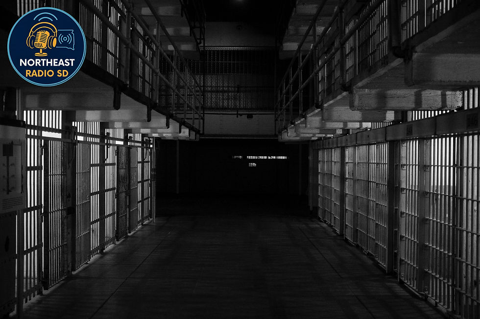 Monochrome prison corridor with barred cells and upper walkways, empty and dark, with a Northeast Radio SD logo in the corner.