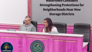 Two people sit at a pink desk with microphones in a meeting room. Text reads: Watertown Considers Strengthening Protections.