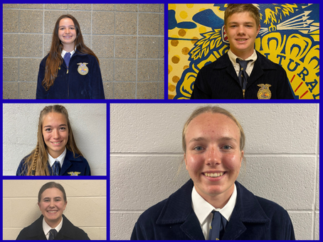 Five smiling students in navy school uniforms posed in a collage against textured walls, framed by a blue border.