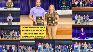 Two people hold plaques at an awards ceremony. The background features purple curtains. Text reads "Watertown School District Awards."